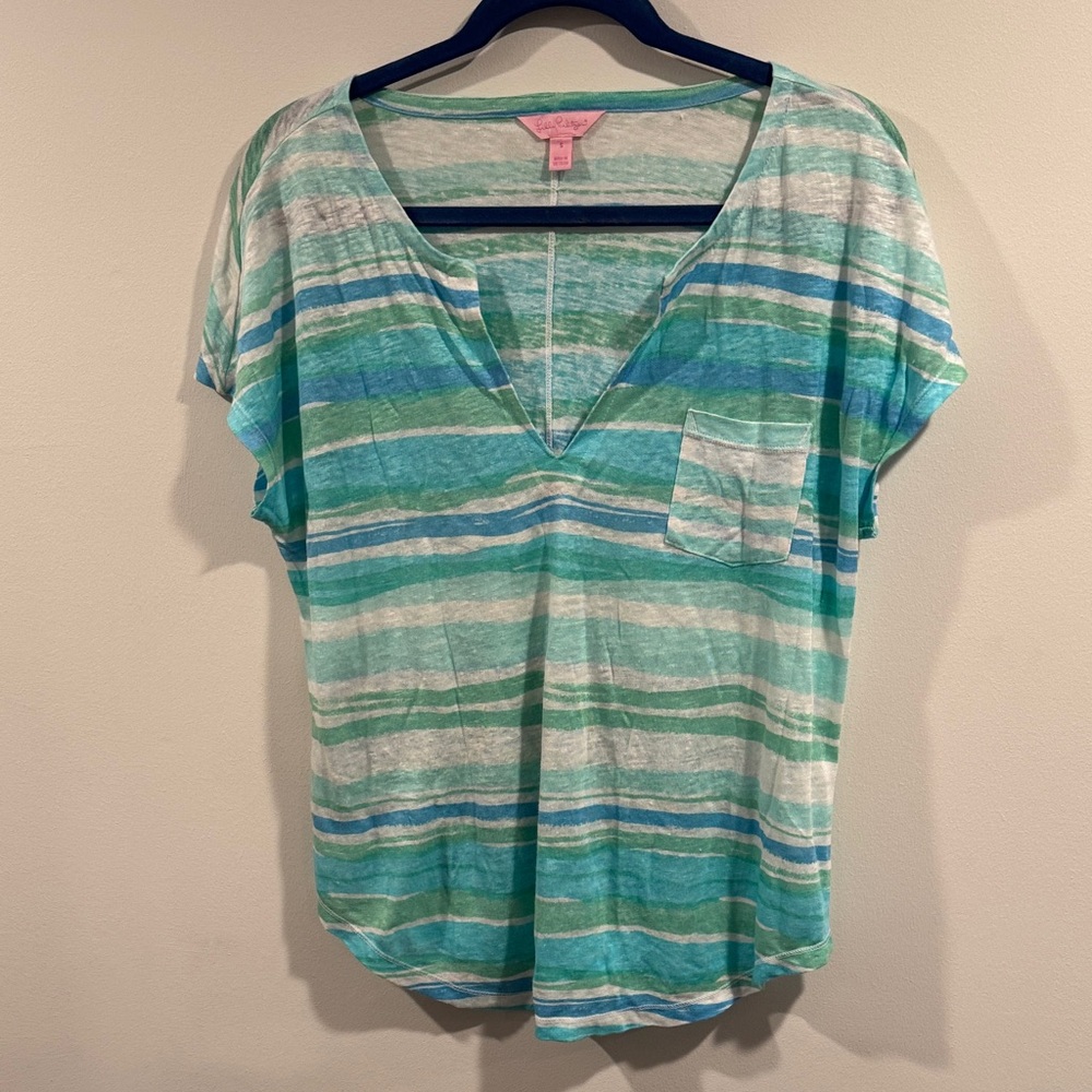 Blue & green Striped V-Neck Top